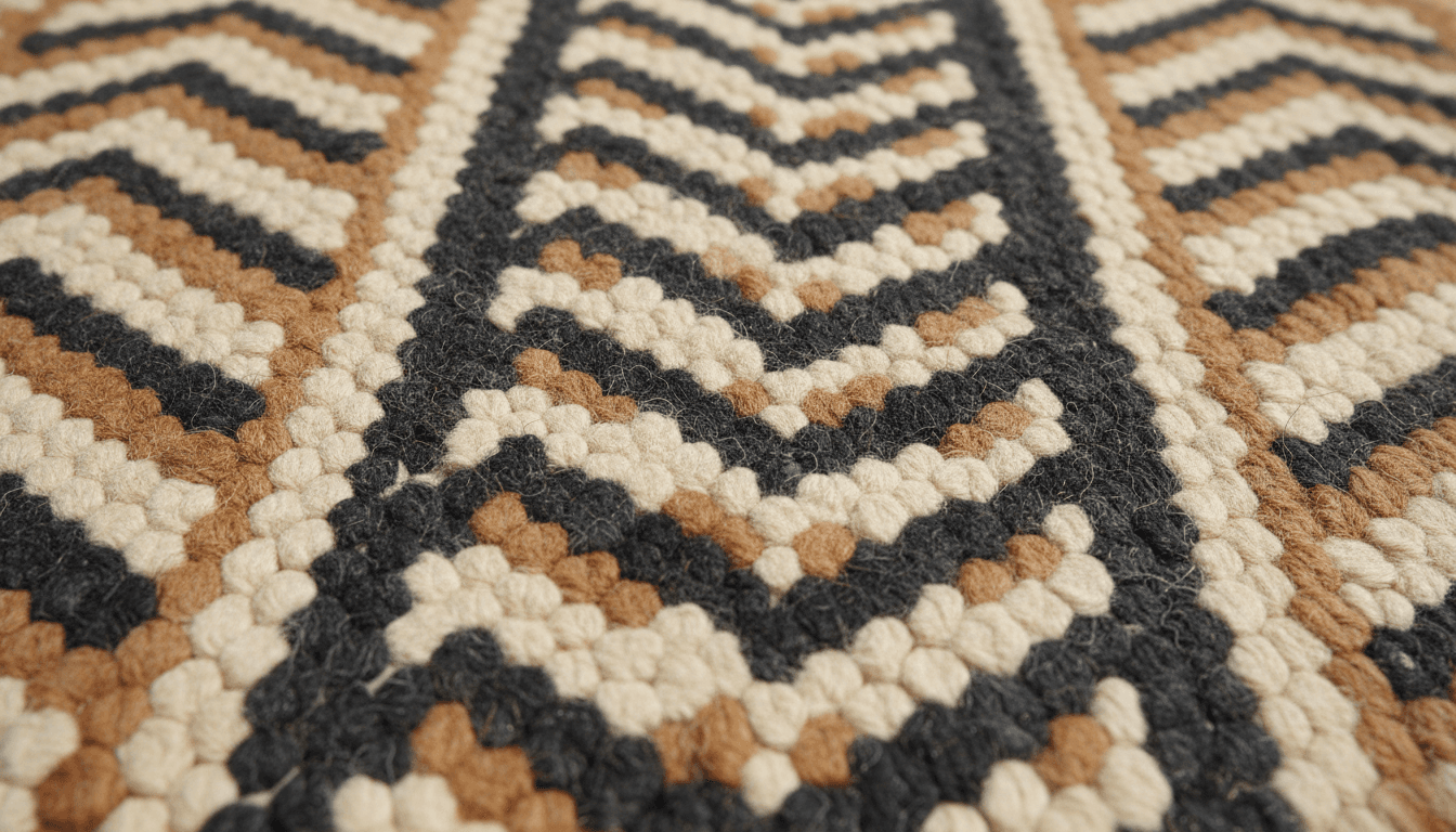 Close-up of hand-loomed Demani chevron pattern rug showing New Zealand wool texture and craftsmanship
