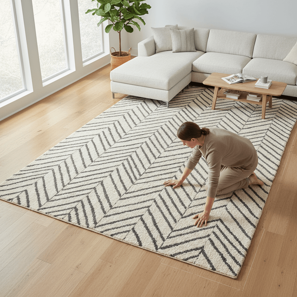 Expert technician positioning geometric rug during professional installation in living room