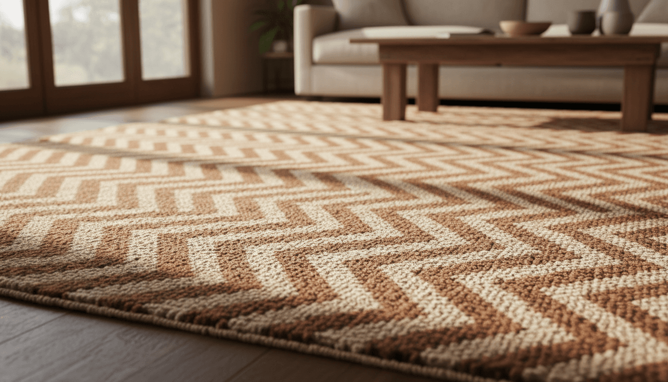 Hand-loomed Demani rug with chevron pattern displayed in natural light