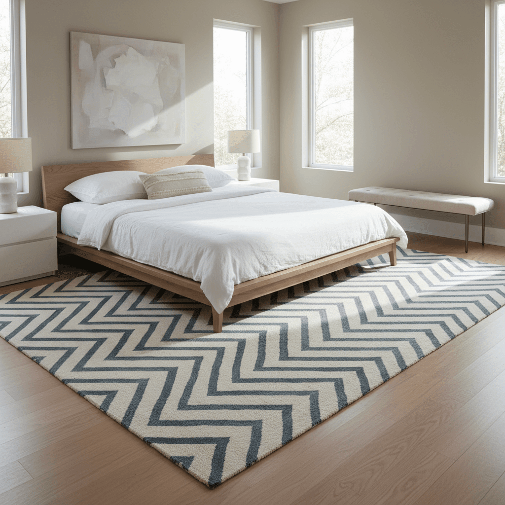 Hand-loomed Demani rug in a minimalist bedroom