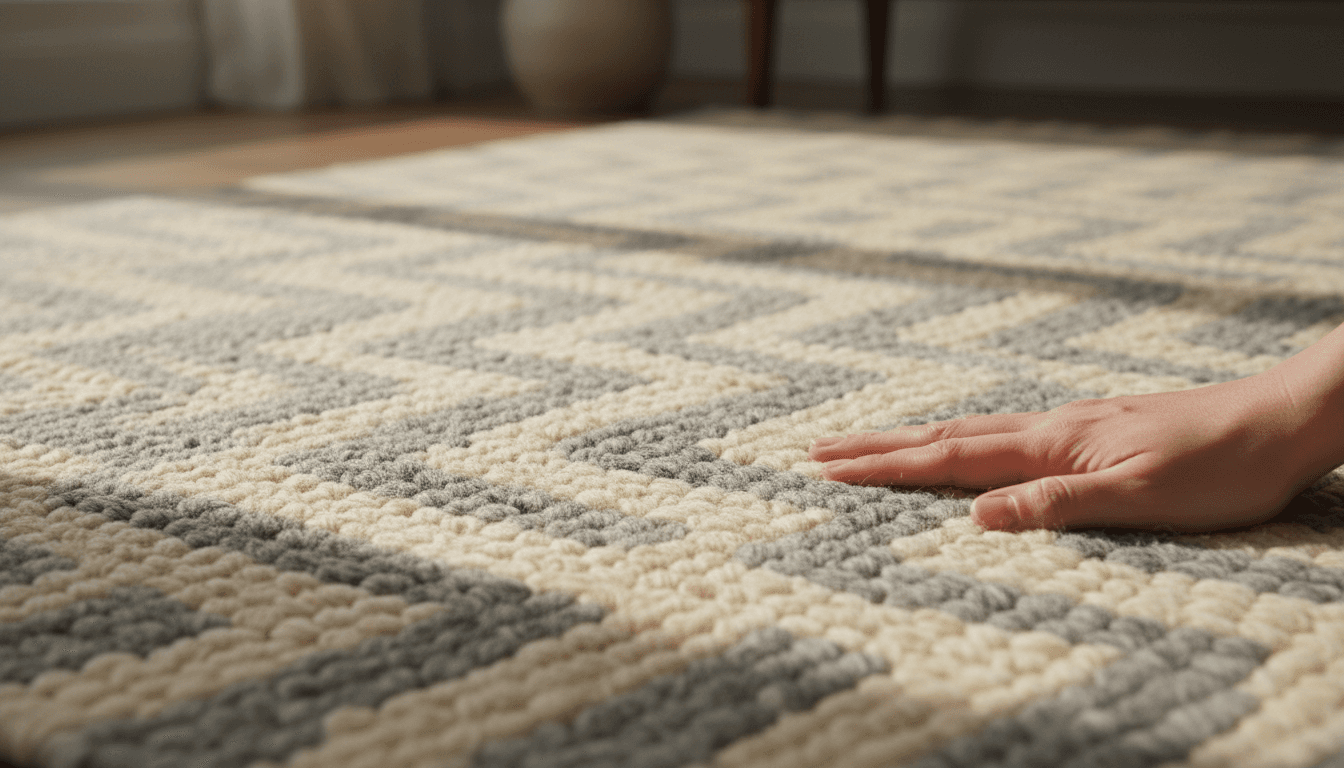Close-up of Demani rug chevron pattern and wool texture with hand showing quality