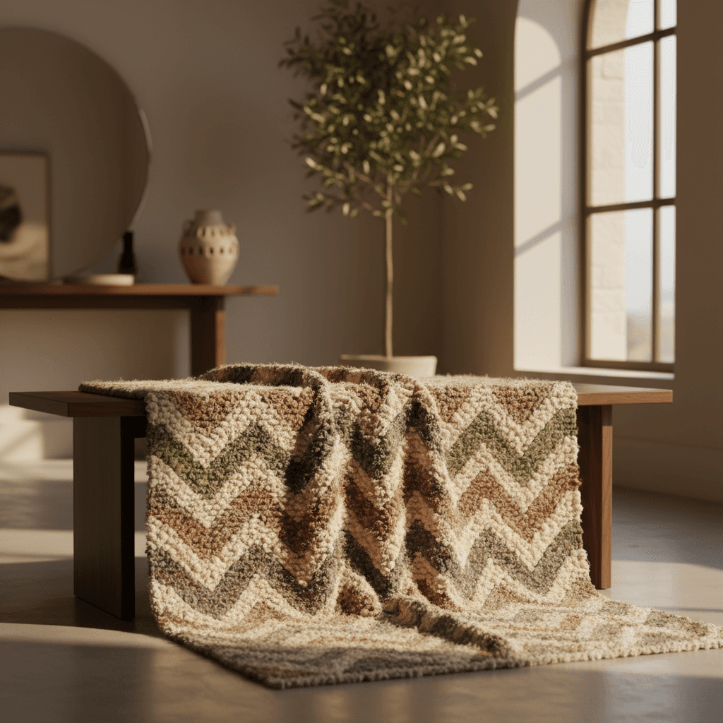 Hand-loomed Demani rug showcasing chevron pattern and New Zealand wool quality