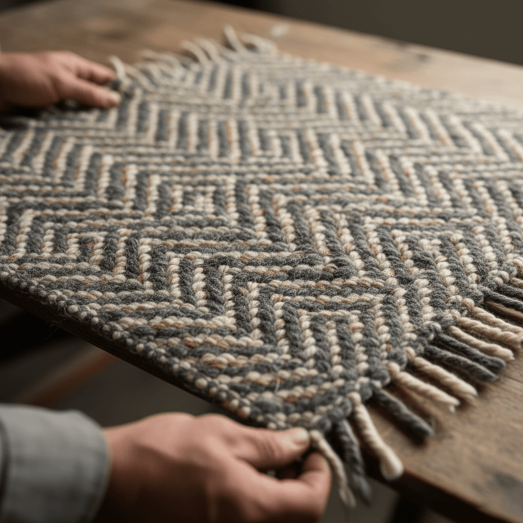 Hand-loomed New Zealand wool texture and chevron pattern detail