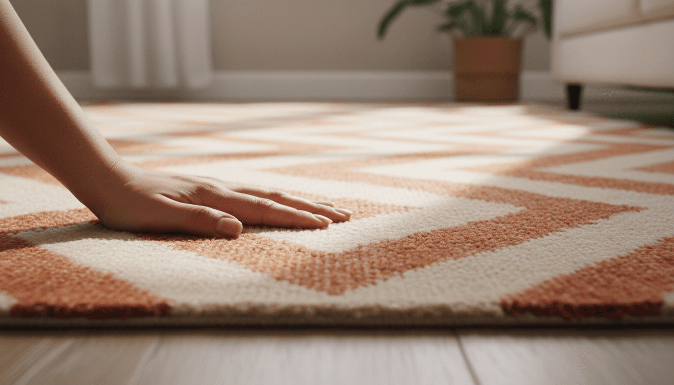 Hand touching a premium hand-loomed Demani rug with classic chevron pattern in natural light