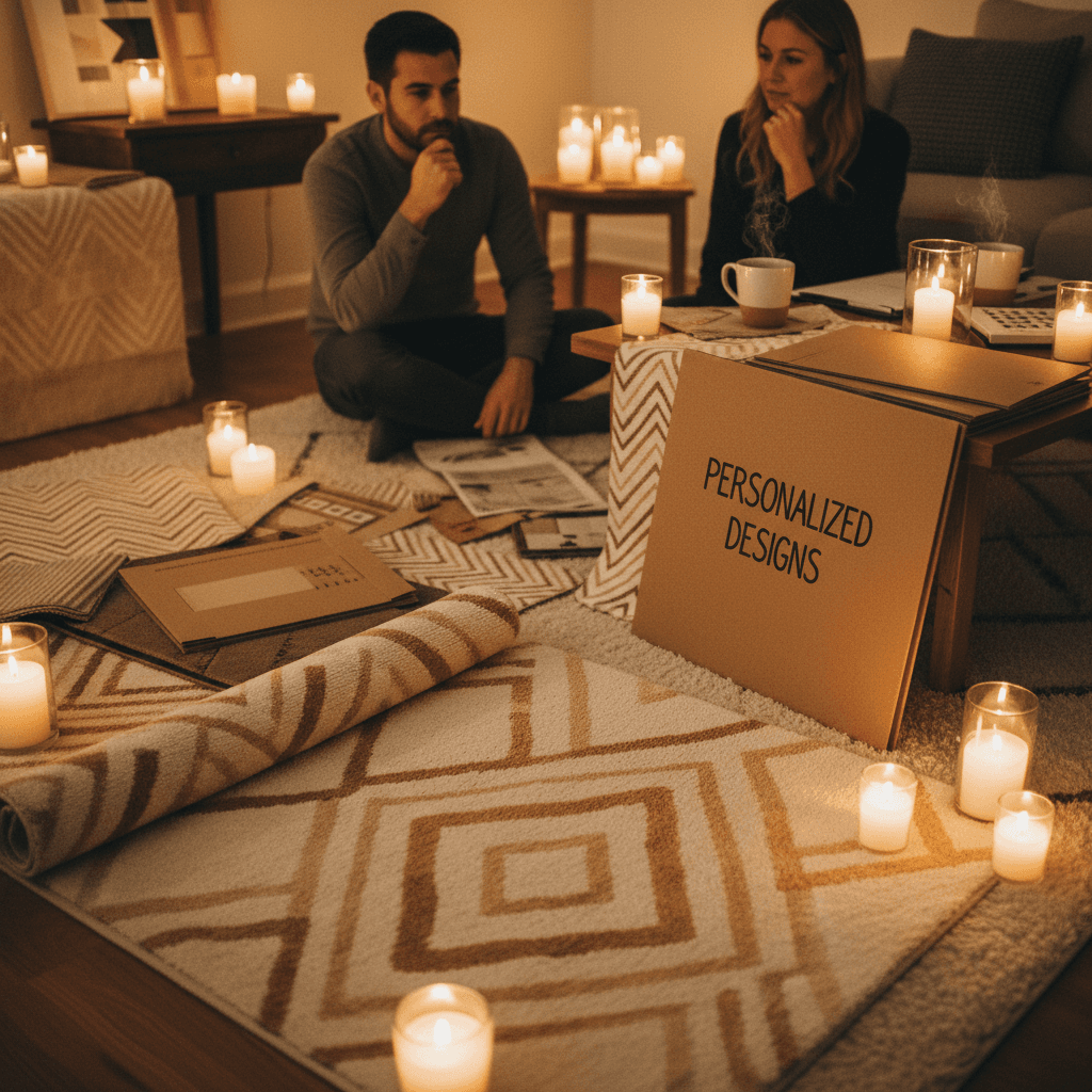 Rug consultation with pattern samples and design options displayed for client selection