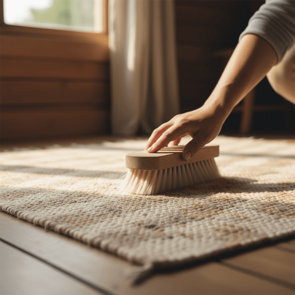 Professional rug cleaning with gentle brush technique on geometric patterned rug