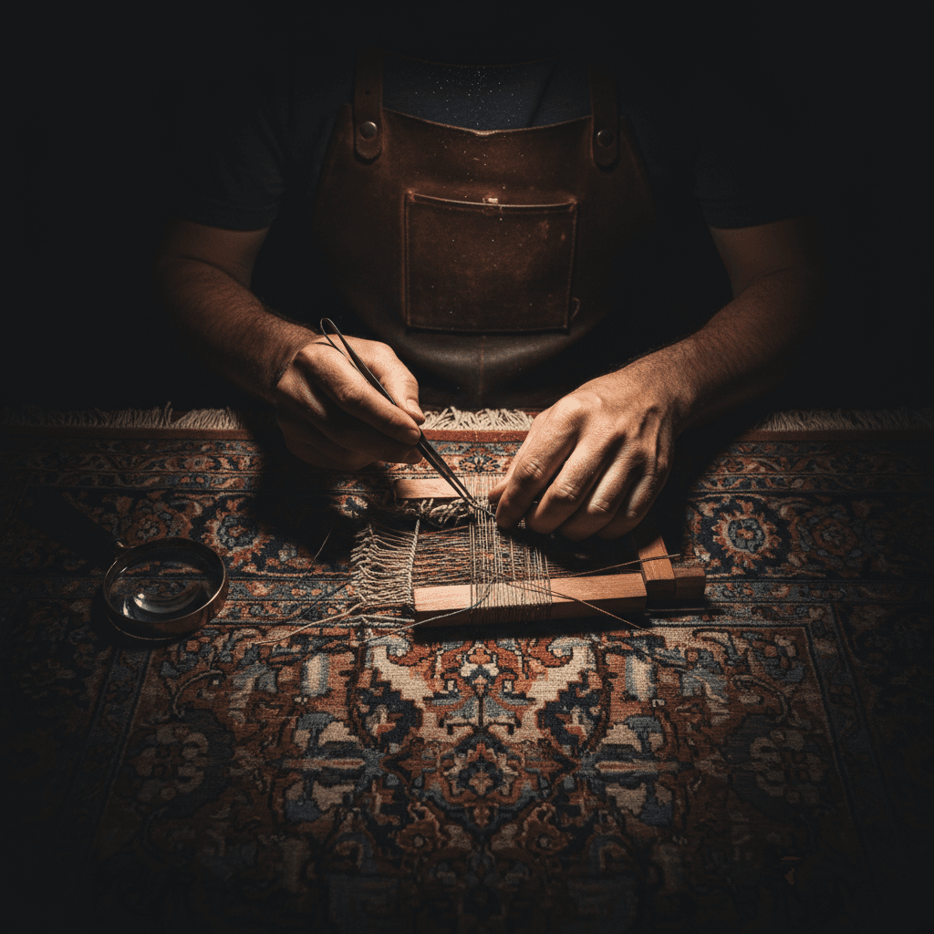 Expert hand stitching and repair technique on damaged rug weave and edges