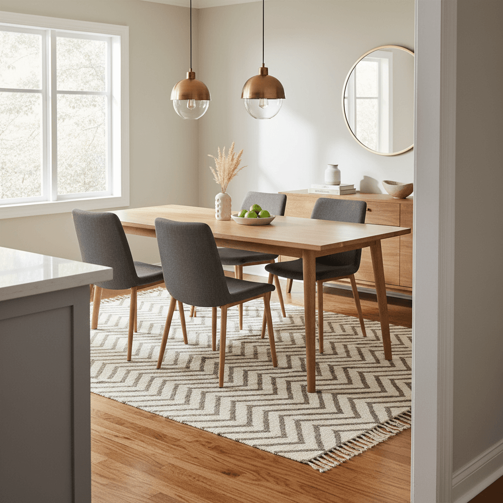 Demani rug anchoring a dining room with modern table setting